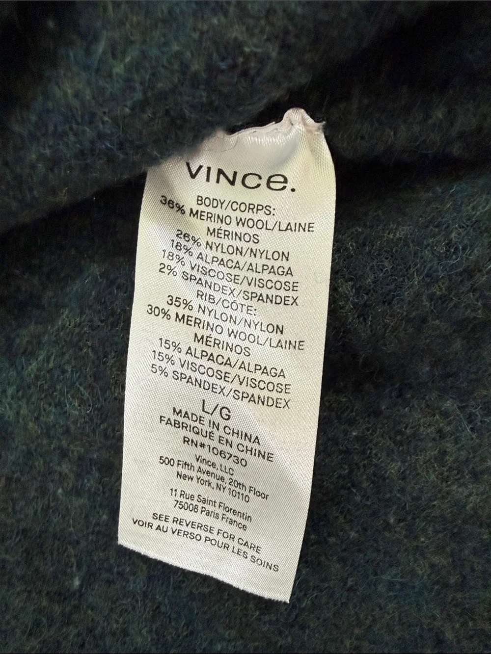 Vince Merino Wool Alpaca Blend V-Neck Sweater Forest Green Large